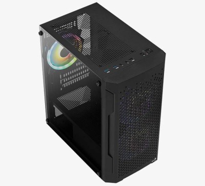 Корпус Aerocool Trinity Mini-G-BK-v2 (3xUSB, 2xAudio, 0.5 мм, (2x140 + 120) мм RGB FAN, прозрачная стенка-закаленное ст