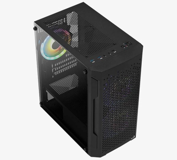 Корпус Aerocool Trinity Mini-G-BK-v2 (3xUSB, 2xAudio, 0.5 мм, (2x140 + 120) мм RGB FAN, прозрачная стенка-закаленное ст