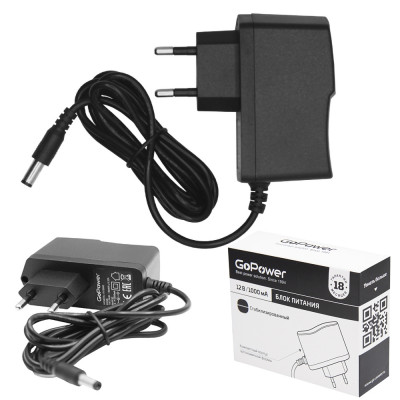 Блок питания GoPower 1.0A 12V 5,5x2,5/12мм импульсный (1/100) GoPower 00-00018643