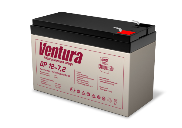 Батарея Ventura серия GP, GP12-7.2, напряжение  12B, емкость 7.2Ач (разряд 20 часов), макс. ток заряда 1.8А,  свинцово-кислотная типа AGM,  клеммы  T2, ДШВ  151х65х100мм, вес 2.15кг Ventura GP12-7.2
