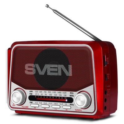 SVEN SRP-525, красный, радиоприемник, мощность 3 Вт (RMS), FM/AM/SW, USB, microSD, фонарь, встроенный аккумулятор