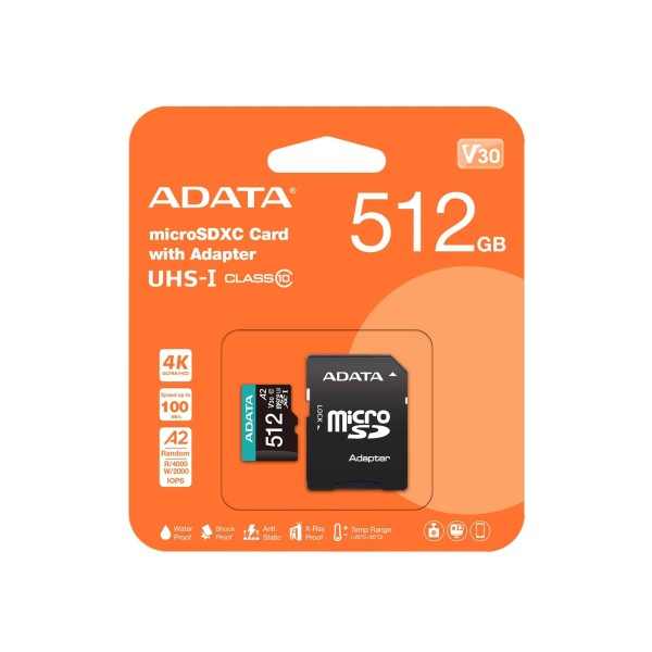 Флеш карта microSD 512GB A-DATA Premier Pro microSDXC Class 10 UHS-I U3 V30S A2 100/85 MB/s (SD адаптер)