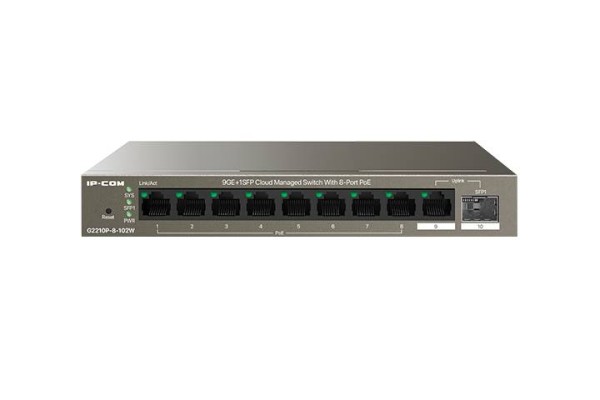 IP-COM G2210P-8-102W Коммутатор управляемый PoE, 10 портов, 9x1 Гбит/с, SFP 1x1 Гбит/с, PoE 8x30Вт (до 92 Вт)