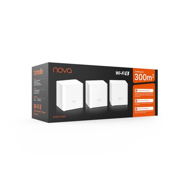 Tenda EX3 (3-pack) Mesh Wi-Fi 6 система AX1500, до 300 Мбит/с на 2,4 ГГц + до 1201 Мбит/с на 5 ГГц