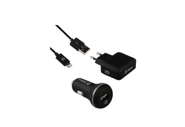 Зарядное устройство Zetton ZT3IN12A1UA8 Комплект 3 в 1 АЗУ с вых. USB 2,1А + СЗУ с вых. USB 2,4А + кабель Apple 8 pin