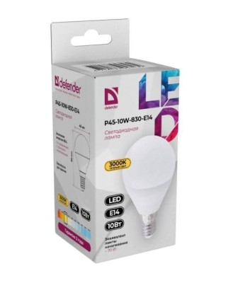 Defender Лампочка светодиодная P45-10W-830-E14 шар, 3000 К, теплый белый, 1 шт.