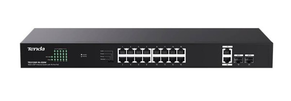 Tenda TEG1120P-16-250W Коммутатор неуправляемый PoE, 18 портов, 18x1 Гбит/с, PoE 16х30 Вт (до 250Вт),  SFP 2x1 Гбит/с