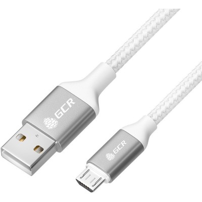 GCR QC Кабель 1.5m MicroUSB, быстрая зарядка, белый нейлон, AL корпус серебро, белый ПВХ, 28/24 AWG, GCR-52469 Greenconnect GCR-52469