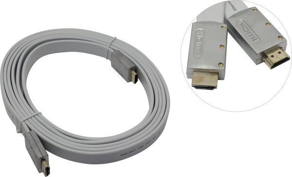 Кабель HDMI 19M/M ver 2.0, 3M, AOpen <ACG568F-S-3M> серебряно-белый Flat 