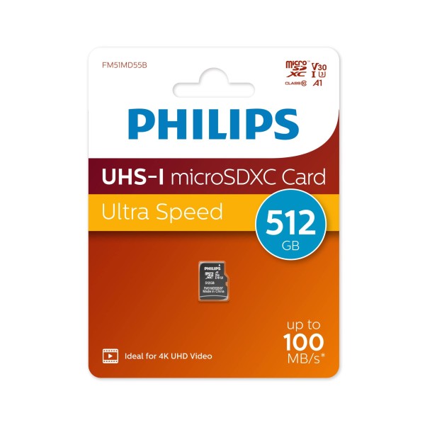 Флеш карта microSD 512GB PHILIPS High Speed  microSDHC Class UHS-I U3, V30, A1, 130MB/s