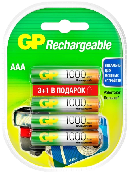 Перезаряжаемые аккумуляторы GP 100AAAHC AAA, мин. ёмкость 950 мАч - 4 шт.(3+1 в подарок) в клемшеле GP 4891199134708