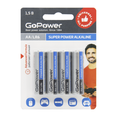 Батарейка GoPower LR6 AA BL4 Alkaline 1.5V (4/48/576) блистер (4 шт.) Батарейка GoPower LR6 AA (00-00015601)