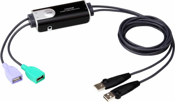 Переключатель, электрон., KVM+Audio,  1 user USB+VGA =>  2 cpu USB+VGA, со встрШнурами USB 2x1.2м., 2048x153KVM-переключатель ATEN CS62KM [CS62KM-AT] кабельный, 2 порта, USB, функция Boundless Switching ATEN CS62KM