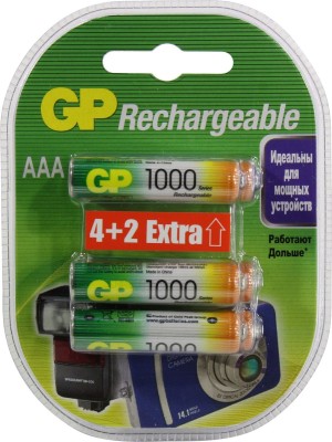 Перезаряжаемые аккумуляторы GP 100AAAHC AAA, мин. ёмкость 950 мАч - 6 шт.(4+2 в подарок) в клемшеле GP 4891199164477