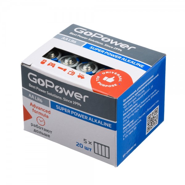 Батарейка GoPower LR6 AA BOX20 Shrink 4 Alkaline 1.5V (4/20/640) Батарейка GoPower LR6 AA (00-00017748)