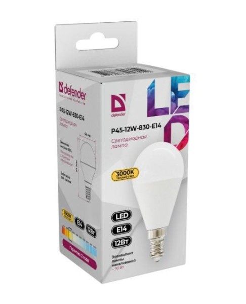 Defender Лампочка светодиодная P45-12W-830-E14 шар, 3000 К, теплый белый, 1 шт.