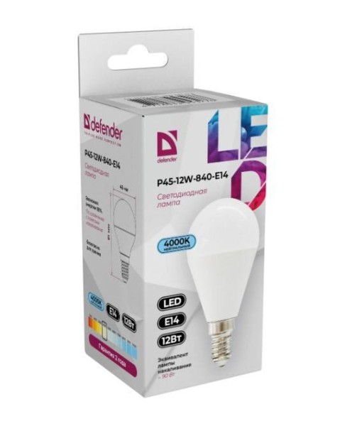 Defender Лампочка светодиодная P45-12W-840-E14 шар, 4000 К, нейтральный белый, 1 шт.