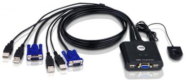 Переключатель, электрон., KVM,  1 user USB+VGA =>  2 cpu USB+VGA, со встр.шнурами USB 2x0.9м., 2048x1536, настол., исп.стандарт.шнуры, без OSD, некаскад., (переключение между портами только выносной кнопкой!) ATEN CS22U