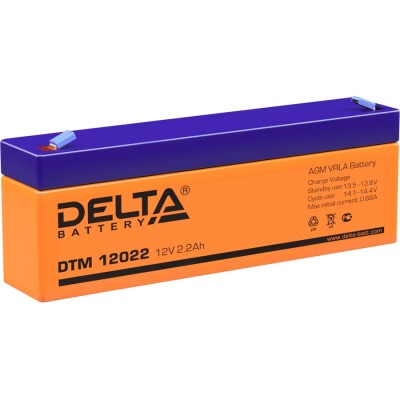 Батарея DELTA серия DTM, DTM 12022, напряжение 12В, емкость 2.2Ач (разряд 20 часов),  макс. ток разряда (5 сек.) 34.5А, макс. ток заряда 0.66А, свинцово-кислотная типа AGM, клеммы F1, ДxШxВ 178х35х61мм., вес 1кг., срок службы 6 лет. Delta DTM 12022 (12V /