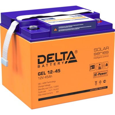 Батарея DELTA серия GEL, GEL 12-45, напряжение 12В, емкость 45Ач (разряд 20 часов),  макс. ток разряда (5 сек.) 450А, макс. ток заряда 9А, свинцово-кислотная типа AGM+GEL, клеммы под болт М6, ДxШxВ 196х166х173мм., вес 14.1кг., LCD, срок службы 10-12 лет. 