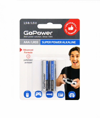 Батарейка GoPower LR03 AAA BL2 Alkaline 1.5V (2/24/480) блистер (2 шт.) Батарейка GoPower LR03 AAA (00-00019862)