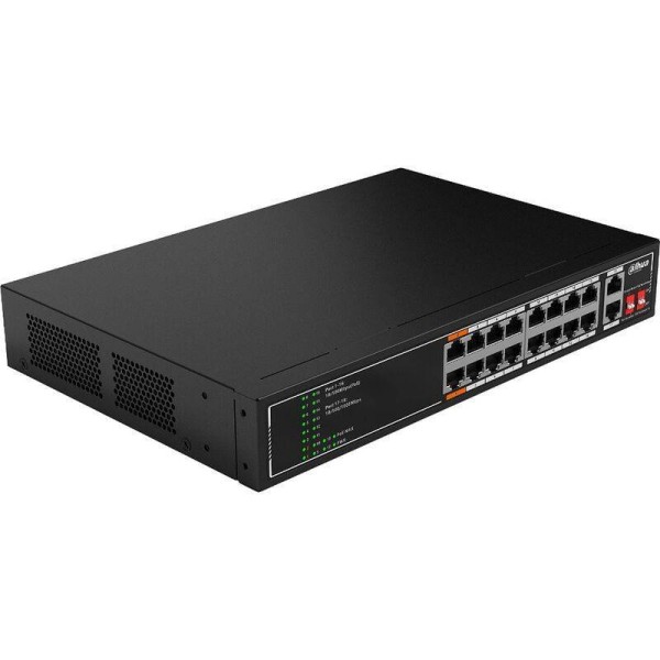 DAHUA DH-SF1018LP 18-портовый неуправляемый коммутатор с РоЕ, 16xRJ45 100Mb PoE, 2xRJ45 1Gb, суммарно 135Вт