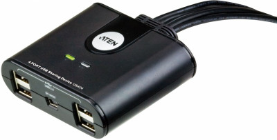 Переключатель, электрон., USB, 2 User > 4 устройства + клавиатура + мышь, 2 USB A-тип > 4 USB A-тип, Male > Female, со встроен. шнурами 2х1.2м., (USB 2.0) ATEN US424