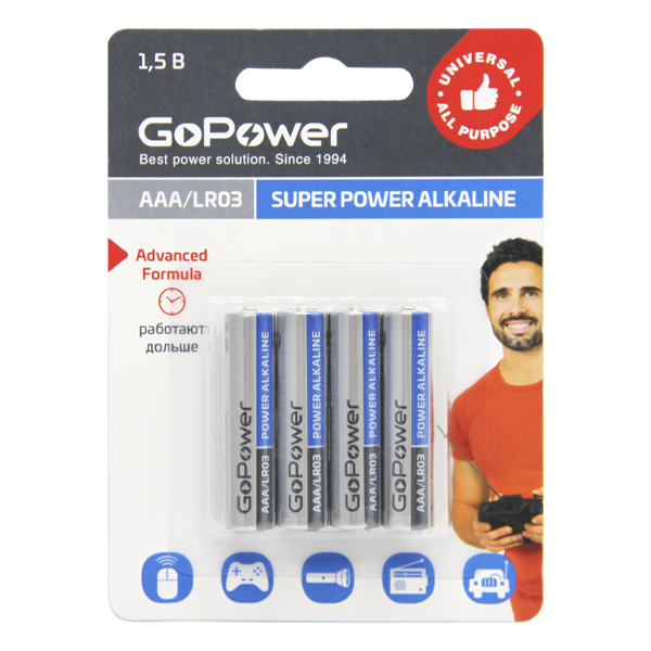 Батарейка GoPower LR03 AAA BL4 Alkaline 1.5V (4/48/576) блистер (4 шт.) Батарейка GoPower LR03 AAA (00-00015602)