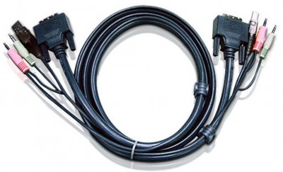 Шнур, мон+клав+мышь USB+аудио, DVI-I Single Link+USB A-Тип+2xRCA=>DVI-I Single Link+USB B-Тип+2xRCA, Male-Male, опрессованный,   3 метр., черный, ATEN 2L-7D03UI