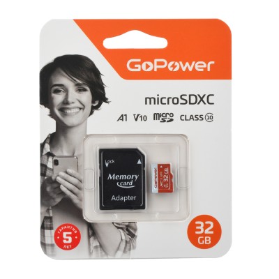 Карта памяти microSD GoPower 32GB Class10 UHS-I (U3) 80 МБ/сек V10 с адаптером GoPower 00-00025679