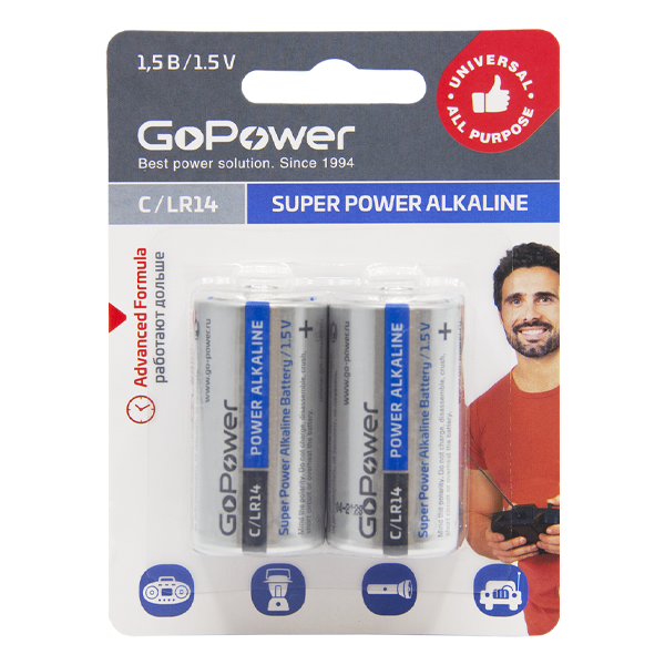 Батарейка GoPower LR14 C BL2 Alkaline 1.5V (2/12/192) блистер (2 шт.) Батарейка GoPower LR14 C (00-00017861)