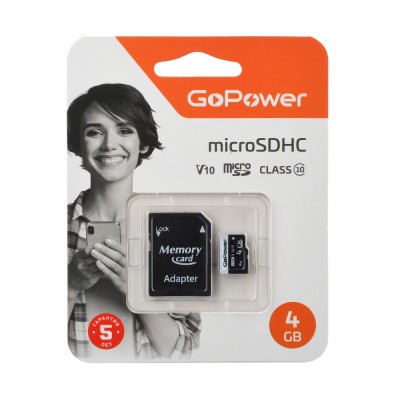 Карта памяти microSD GoPower 4GB Class10 15 МБ/сек V10 с адаптером GoPower 00-00025672