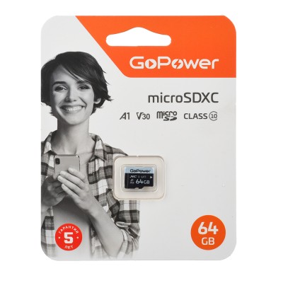 Карта памяти microSD GoPower 64GB Class10 70 МБ/сек V30 без адаптера GoPower 00-00025677