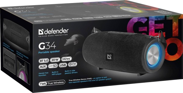 Defender Портативная колонка G34 20Вт, BT/FM/USB/AUX/TWS/Light