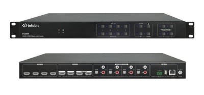 Матричный коммутатор Infobit [iMatrix H44AM] HDMI 4K60, 4х4, 3840x2160/60 Гц; 4 цифровых аудиовыхода SPDIF, 4 аудиовыхода Toslink с поддержкой Audio Matrix/Downscaling/AOC