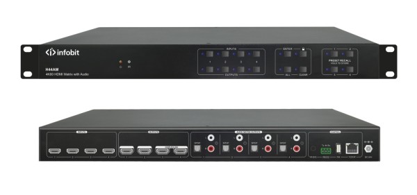 Матричный коммутатор Infobit [iMatrix H44AM] HDMI 4K60, 4х4, 3840x2160/60 Гц; 4 цифровых аудиовыхода SPDIF, 4 аудиовыхода Toslink с поддержкой Audio Matrix/Downscaling/AOC