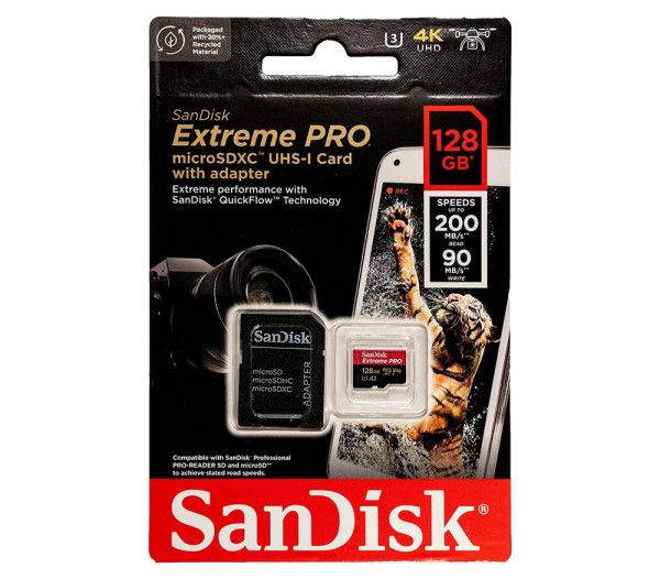 Флеш карта microSD 128GB SanDisk microSDXC Class 10 UHS-I A2 C10 V30 U3 Extreme Pro (SD адаптер) 200MB/s