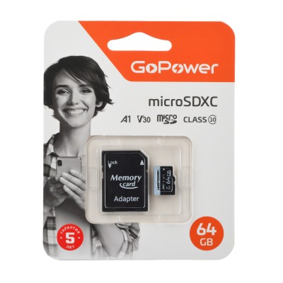 Карта памяти microSD GoPower 64GB Class10 70 МБ/сек V30 с адаптером GoPower 00-00025676