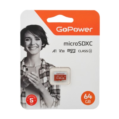 Карта памяти microSD GoPower 64GB Class10 UHS-I (U3) 100 МБ/сек V30 без адаптера GoPower 00-00025681