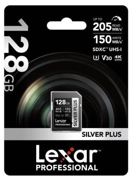 Флеш карта SD 128GB Lexar Professional SILVER PLUS SDXC UHS-I U3 V30 C10, 205/150 Mb/s