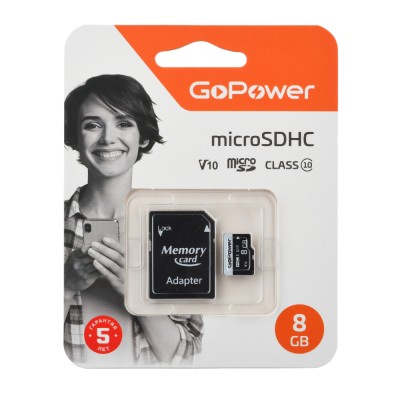 Карта памяти microSD GoPower 8GB Class10 15 МБ/сек V10 с адаптером GoPower 00-00025673