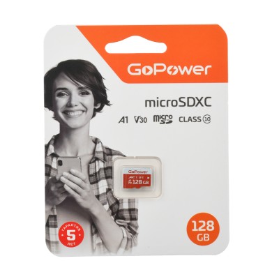 Карта памяти microSD GoPower 128GB Class10 UHS-I (U3) 100 МБ/сек V30 без адаптера GoPower 00-00025683
