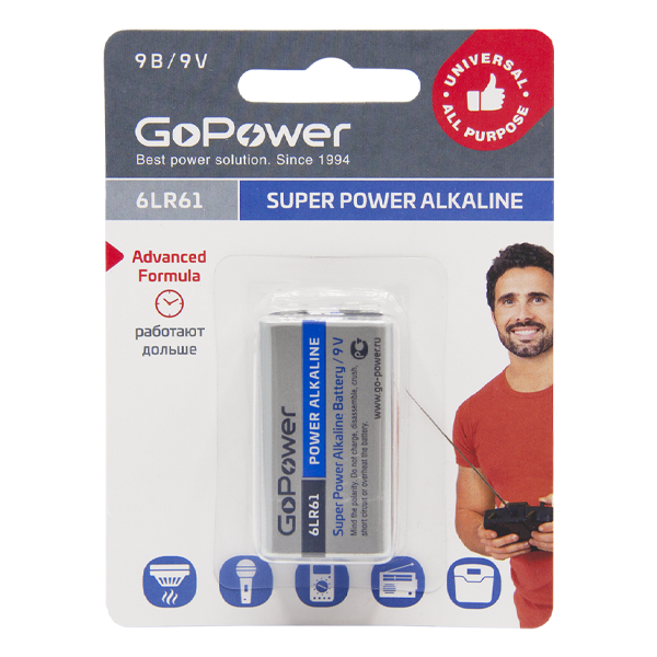 Батарейка GoPower Крона 6LR61 BL1 Alkaline 9V (1/10/240) Батарейка GoPower Крона 6LR61 (00-00017863)