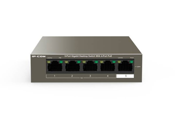 IP-COM F1105P-4-63W Коммутатор неуправляемый PoE, 5 портов, 5x1 Гбит/с, PoE 4х30 Вт (до 58 Вт), настольный