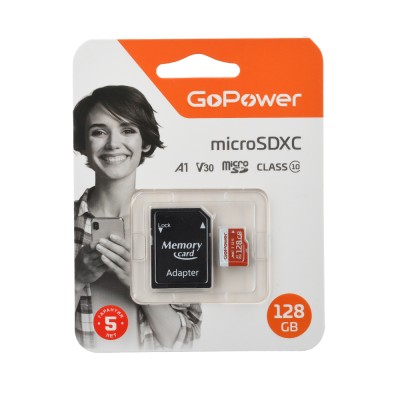 Карта памяти microSD GoPower 128GB Class10 UHS-I (U3) 100 МБ/сек V30 с адаптером GoPower 00-00025682