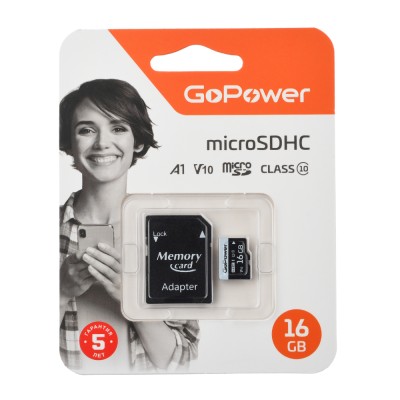 Карта памяти microSD GoPower 16GB Class10 60 МБ/сек V10 с адаптером GoPower 00-00025674