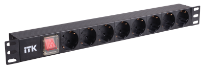 PDU 8 розеток нем. стандарт, с LED выключателем,1U, без шнура, вх. C14, алюминиевый профиль ITK PH12-8D3