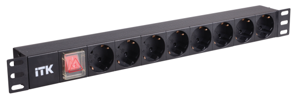 PDU 8 розеток нем. стандарт, с LED выключателем,1U, без шнура, вх. C14, алюминиевый профиль ITK PH12-8D3