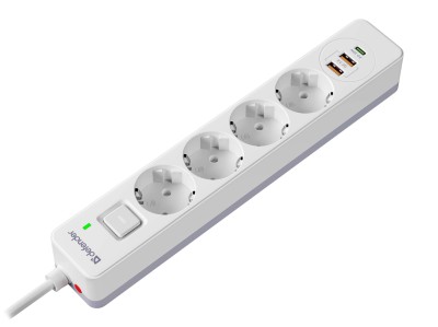 Defender Удлинитель с сетевым фильтром DFS 141, белый, 4розетки, USB+TypeC, 1.5 м.