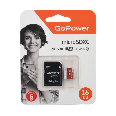 Карта памяти microSD GoPower 16GB Class10 UHS-I (U3) 80 МБ/сек V10 с адаптером GoPower 00-00025678